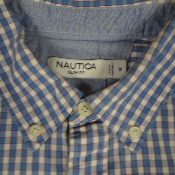 NAUTICA BLUE CHECKERS PLAID BUTTON UP MENS SLIM FIT MEDIUM SHIRT L191 - Picture 6 of 7